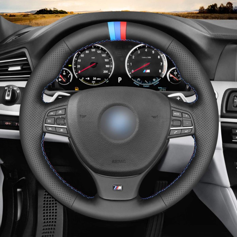 Loncky Car Custom Fit OEM Black Genuine Leather Steering Wheel Cover